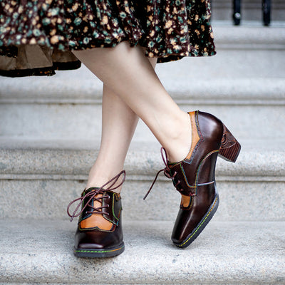 Vintage Ethnic Style Brown Chunky Heel Leather Shoes