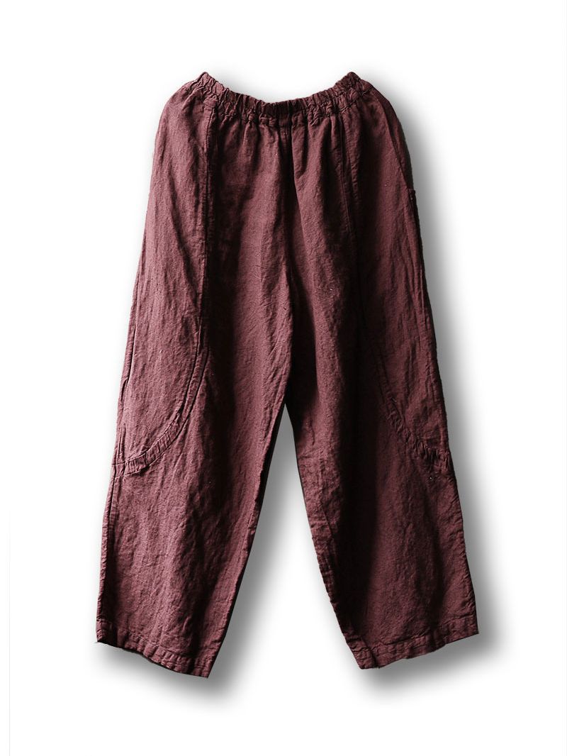 Red Elastic Waist Straight- Leg Linen Pants for Women