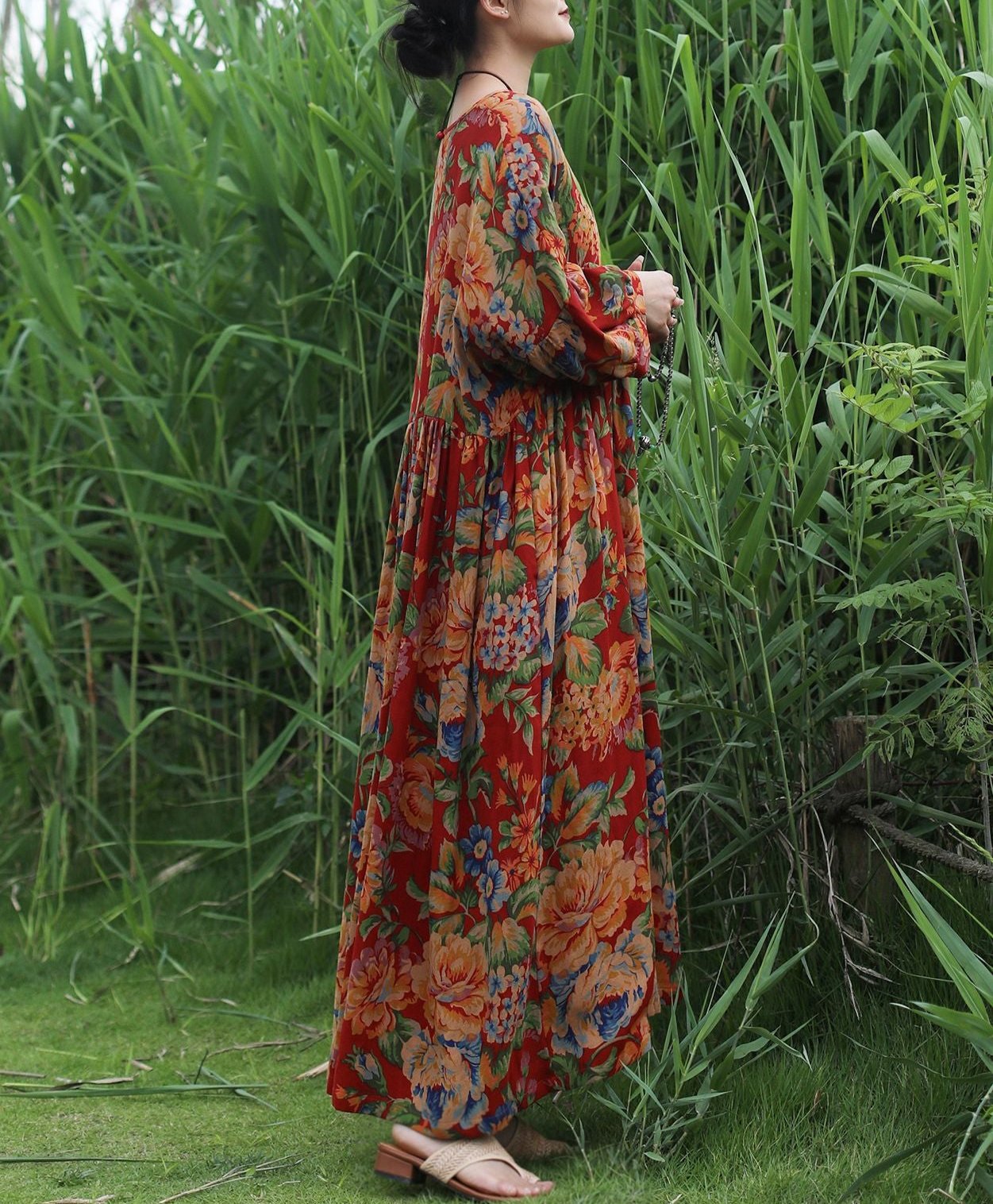 Red Ethnic Printed Cotton Linen Maxi Dresses