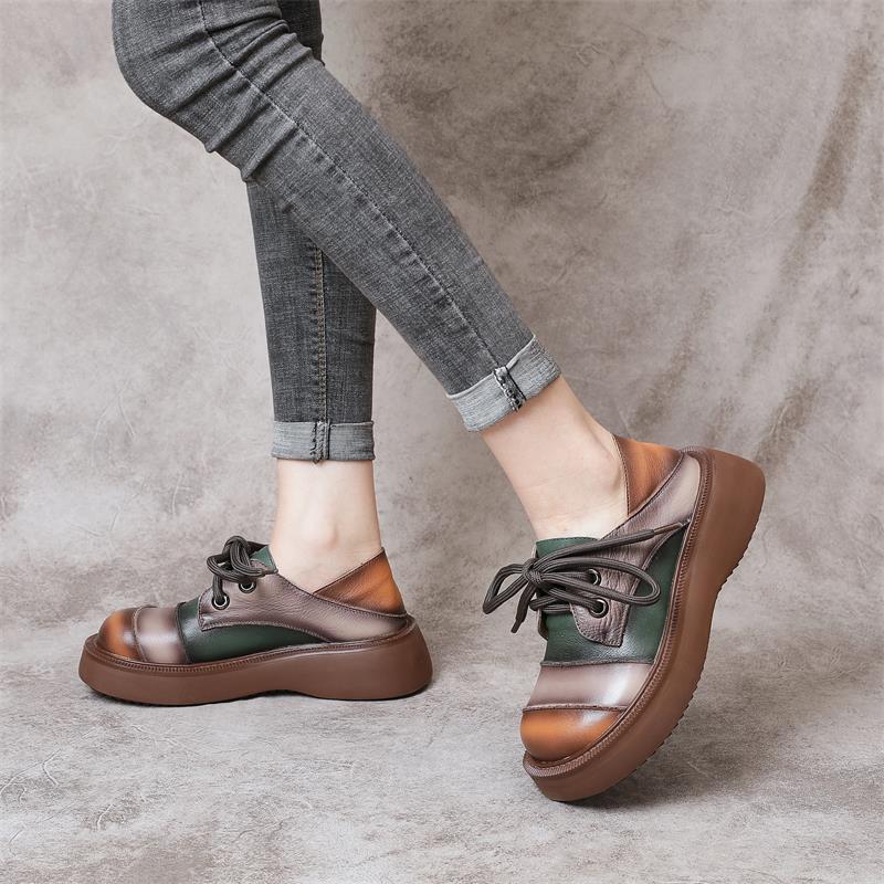 Retro Color Block Platform Casual Leather Shoes