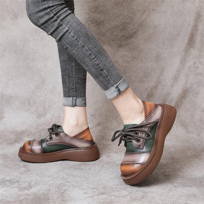 Retro Color Block Platform Casual Leather Shoes