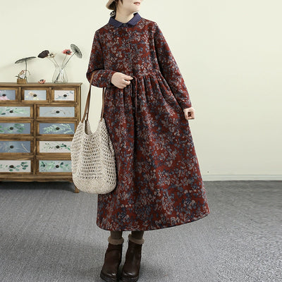 Women Winter Vintage Cotton Linen Floral Printed Fleece-Lined Dress