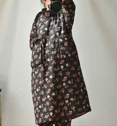 Warm Large Pocket Floral Printed Mid- Length Cotton Coat