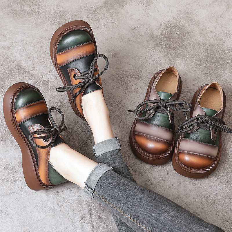 Retro Color Block Platform Casual Leather Shoes