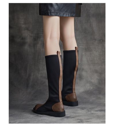 Women Chic Genuine Leather Panels Stretchy Knee-High Boots