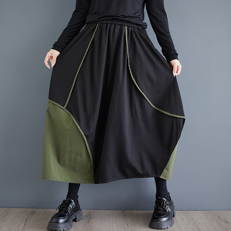 Casual Elastic Waist Asymmetric Color Block Skirts