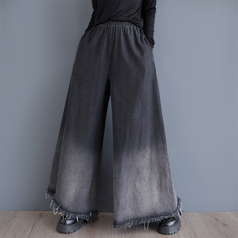 Washed Ombre Frayed Wide-Leg Jeans for Women