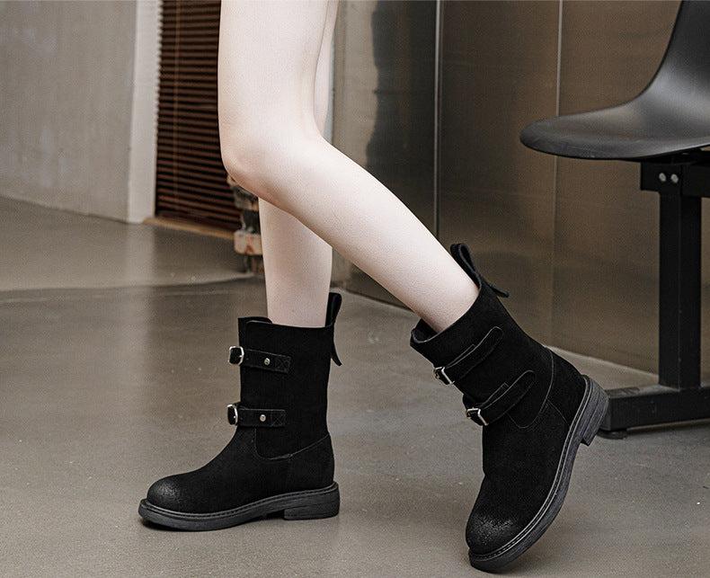 Women Buckle Vintage Suede Martin Boots