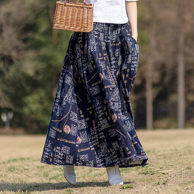 Vintage Ethnic Style Printed Ruffled Linen Midi Skirts