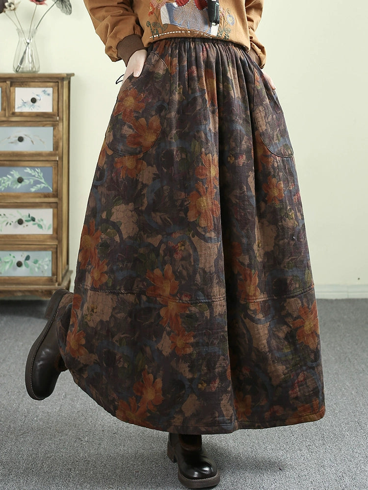 Women Spring Retro Cotton Linen Floral Printed A-Line Skirt