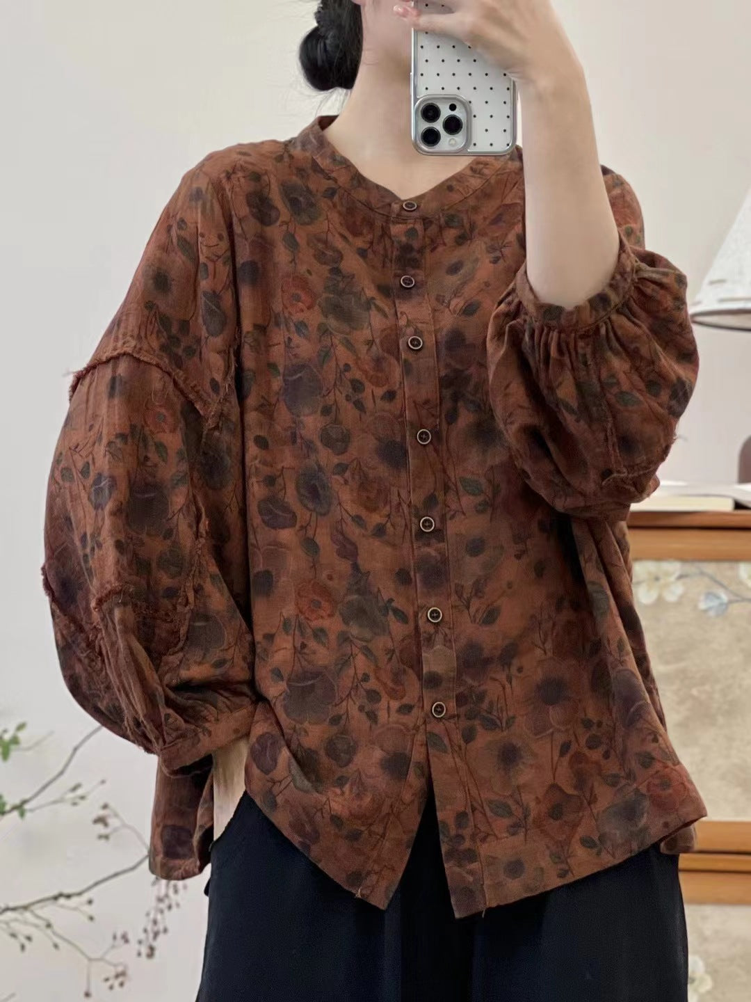 Women Vintage Lantern Sleeves Jacquard Shirts