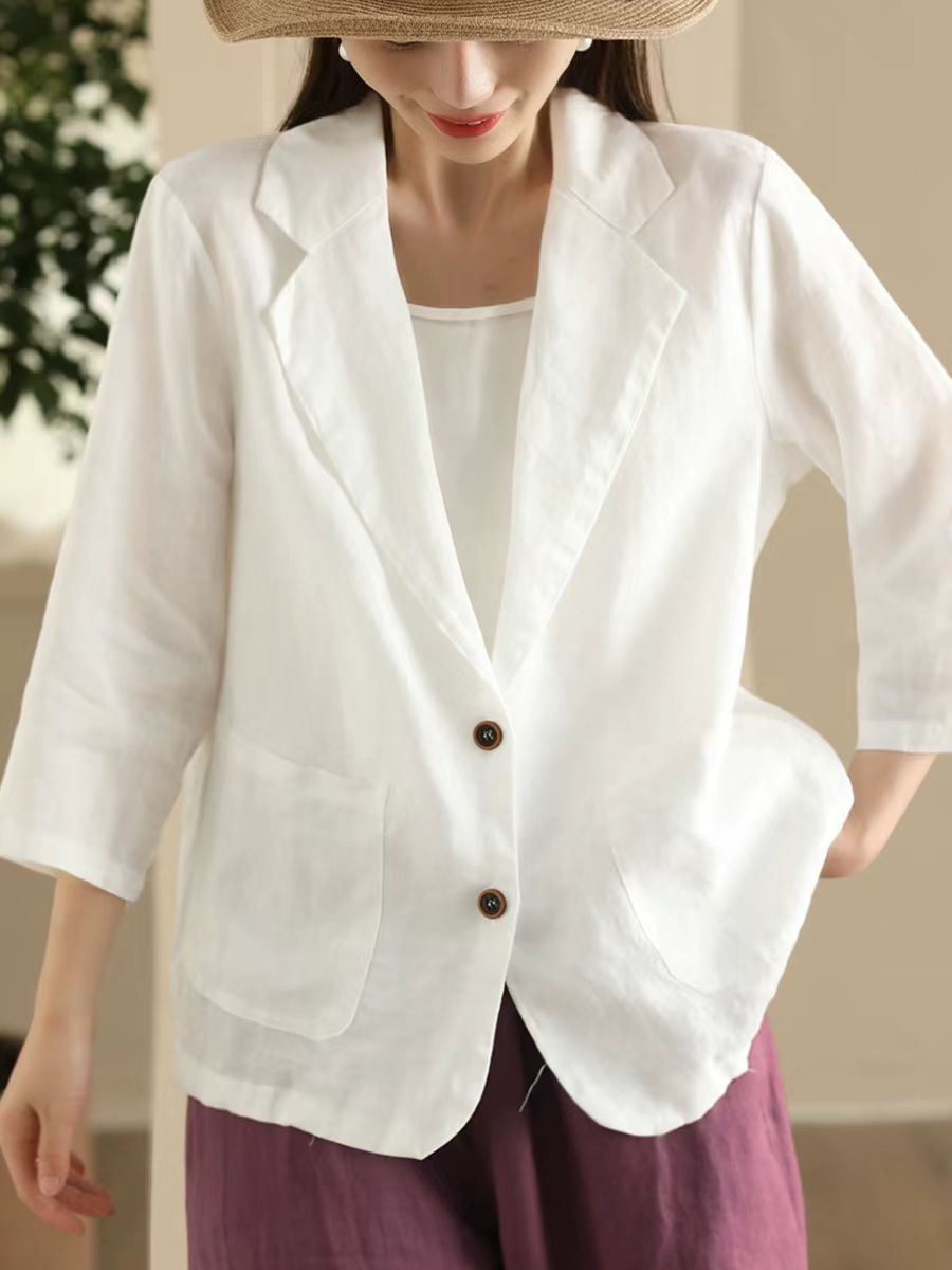 Women Lapel Solid Color Ramie Blazers