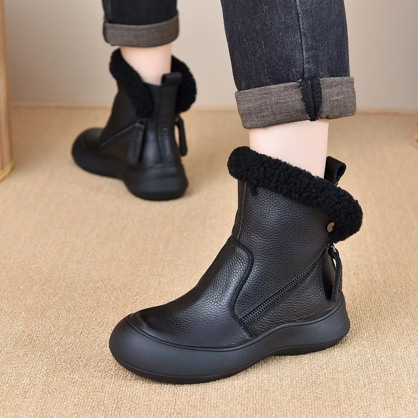 Women Trendy Zipper Shearling Lining Warm Leather Boots