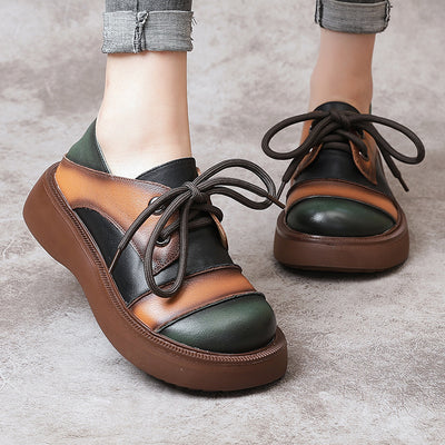 Retro Color Block Platform Casual Leather Shoes