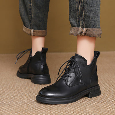 Women Retro Black Fleece Lining Leather Ankle Boots