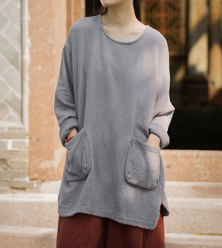 Women Loose Textured Solid Color Long Sleeves Tops