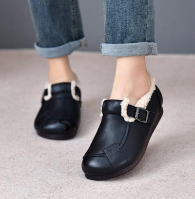 Women Buckle Fleece Lining Genuine Leather Flats