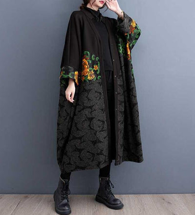 Women Black Trendy Retro Printed Mid-Length Coat