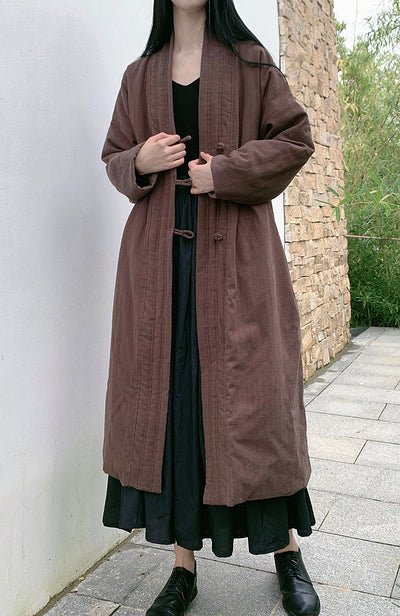 Women Elegant Solid Color Mid-Length Padded Linen Coat