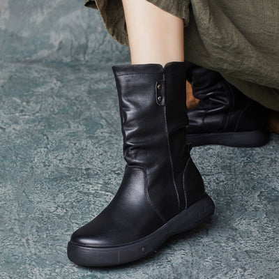 Women Retro Handmade Genuine Leather Ruched Mid-Calf Boots