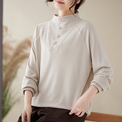 Women Loose Casual Solid Color Mock Neck Sweatshirt