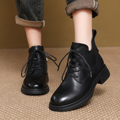 Women Retro Black Fleece Lining Leather Ankle Boots