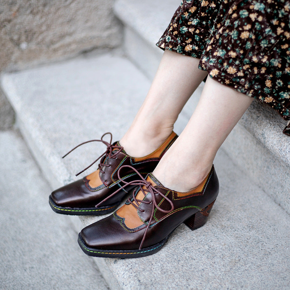 Vintage Ethnic Style Brown Chunky Heel Leather Shoes