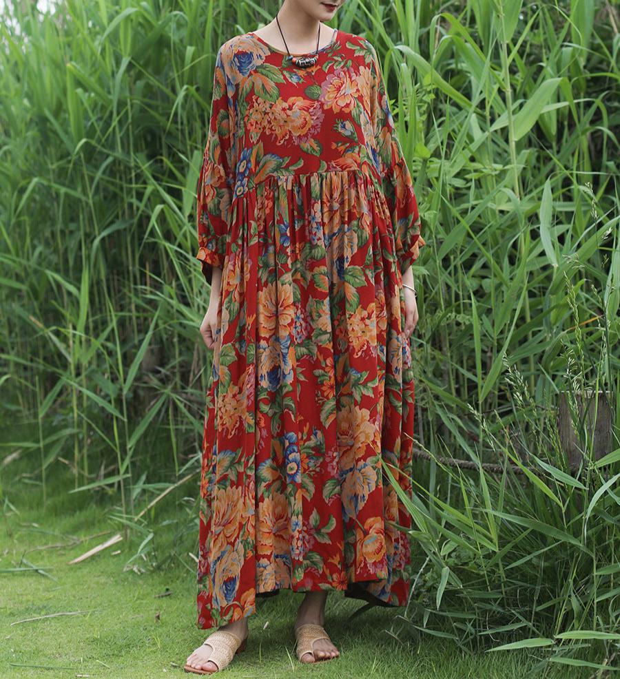 Red Ethnic Printed Cotton Linen Maxi Dresses