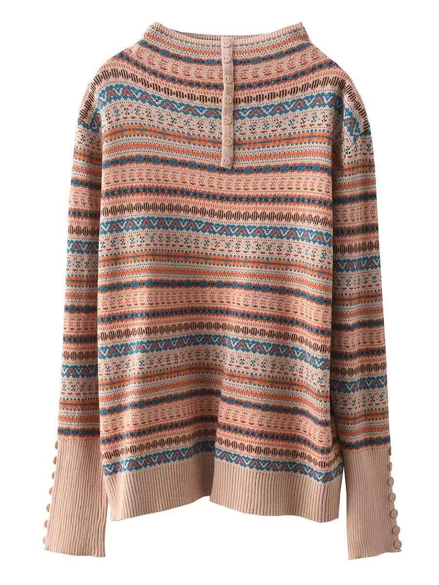 Women Fashion Jacquard Wool Blend Mock Neck Casual Sweater