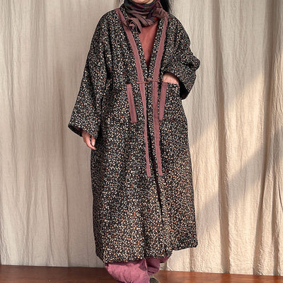 Women Retro Loose Floral Printed Mid-Length Cotton Linen Coat