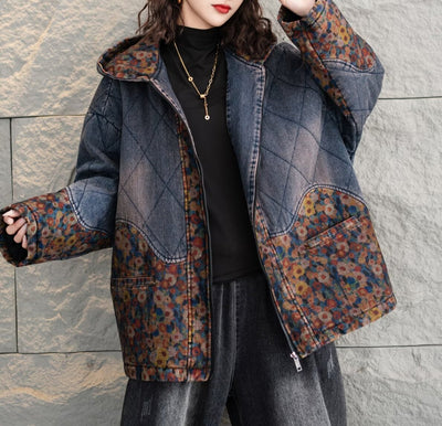 Women Retro Patchwork Printed Hooded Zipper Denim Jacket