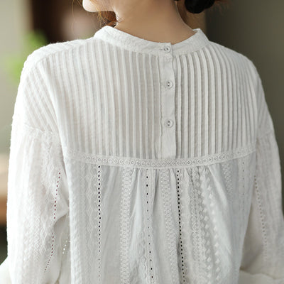 Women Autumn Solid Color Pleated Lace Hollow Pullovers