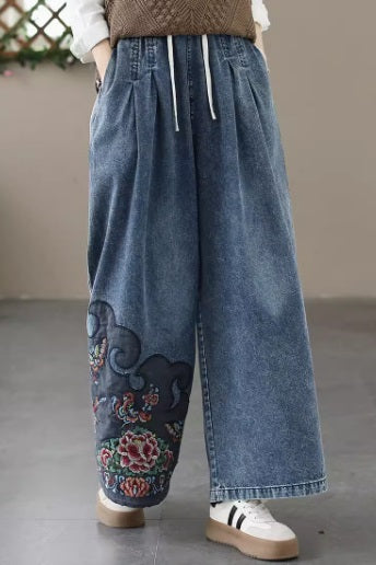 Retro Embroidered Elastic Waist Loose Wide Leg Jeans