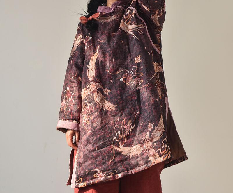 Women Asymmetric Printed Mid- Length Ramie Cotton Coats