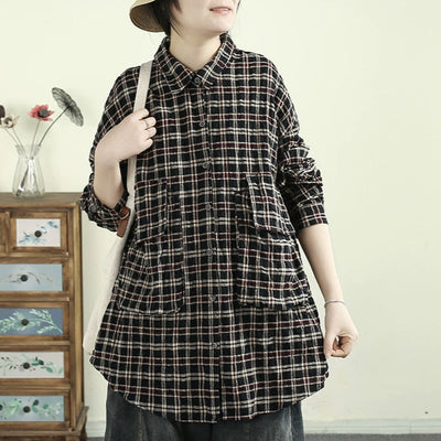 Women Spring Retro Plaid Cotton Blouse with Pockets