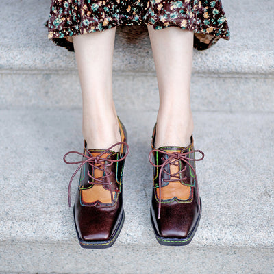 Vintage Ethnic Style Brown Chunky Heel Leather Shoes