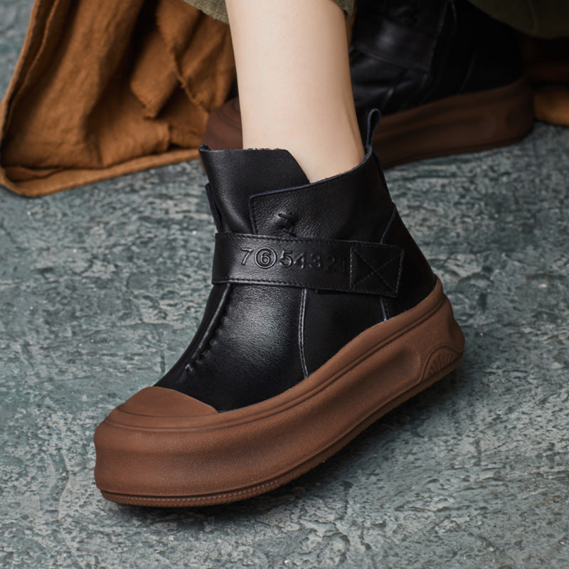 Women Fashion Handmade Leather Velcro Platform Ankle Boots