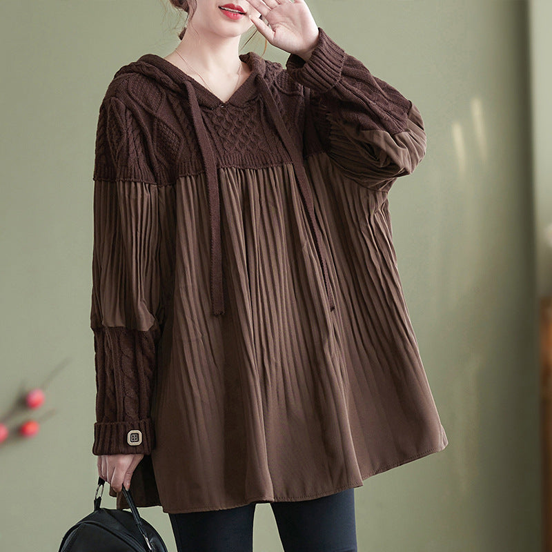 Women Plus Size Loose Knit Spliced Pleated Hooded Sweatshirt