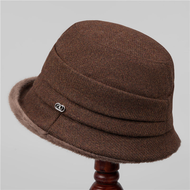 Autumn Winter Vintage Wool-Blend Bucket Hat with Fur Trim