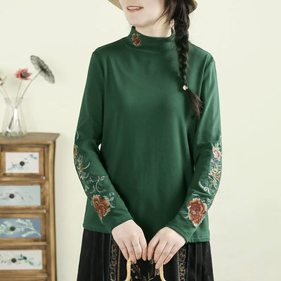 Women Autumn Retro Embroidered Floral Cotton Long Sleeve T-Shirt