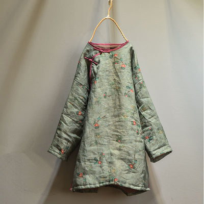 Women Vintage Printed Asymmetric Front Cotton Ramie Coat