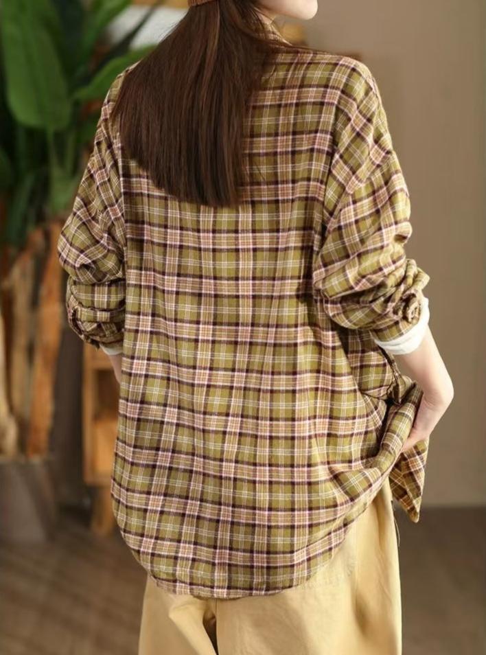 Women Loose Retro Plaid Brushed Cotton Shirts