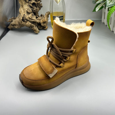 Genuine Leather Wool Lining Thick Sole Warm Lace-Up Snow Boots