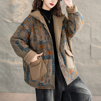 Women Trendy Vintage Printed Warm Padded Hooded Coats