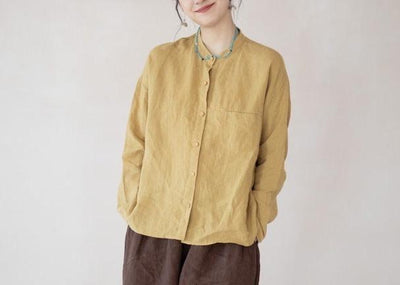 Women Simple Loose Comfortable Yellow Linen Shirts