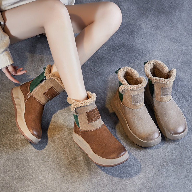 Women Retro Warm Fleece Lining Suede Leather Short Boots