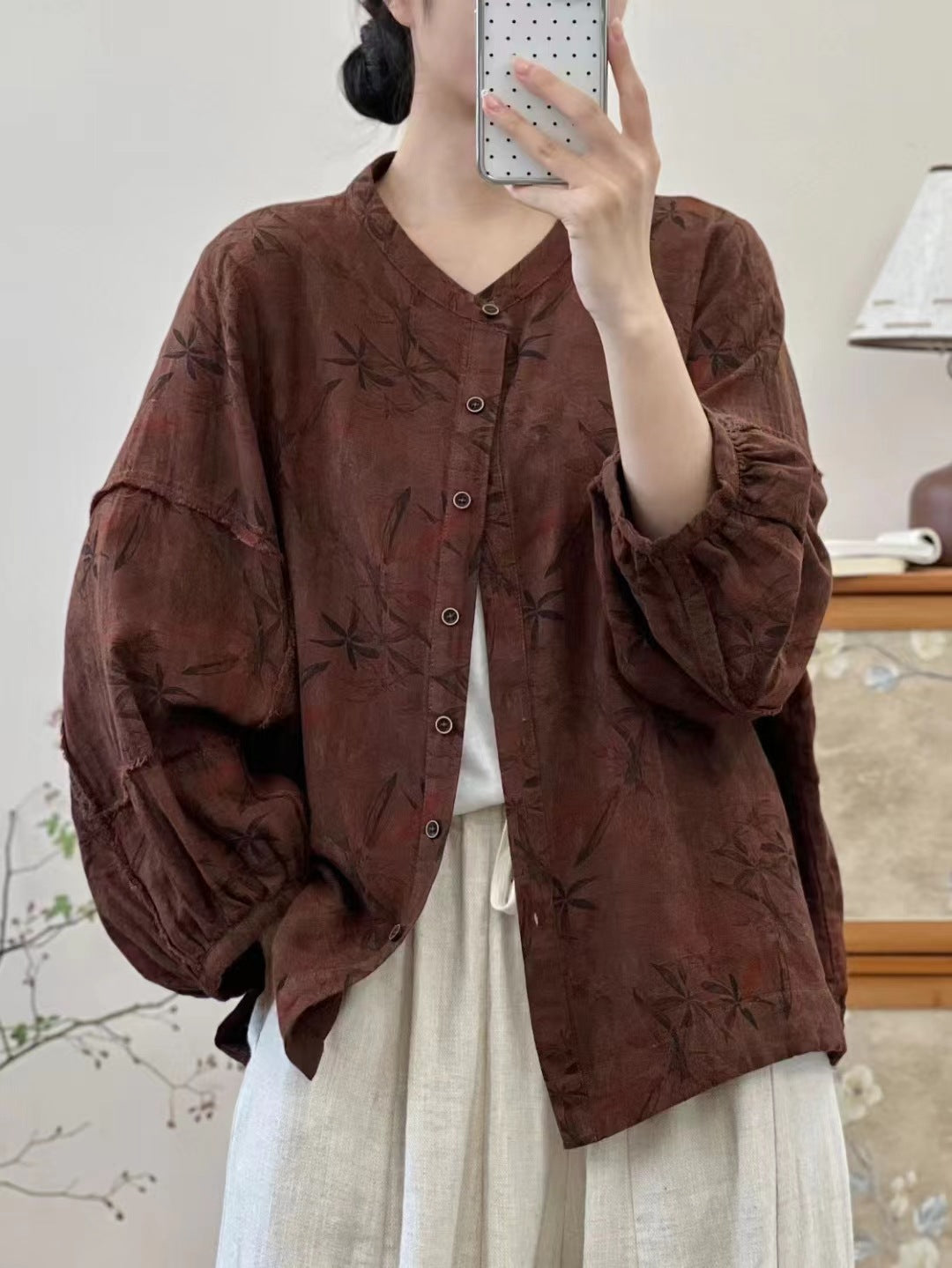 Women Vintage Lantern Sleeves Jacquard Shirts