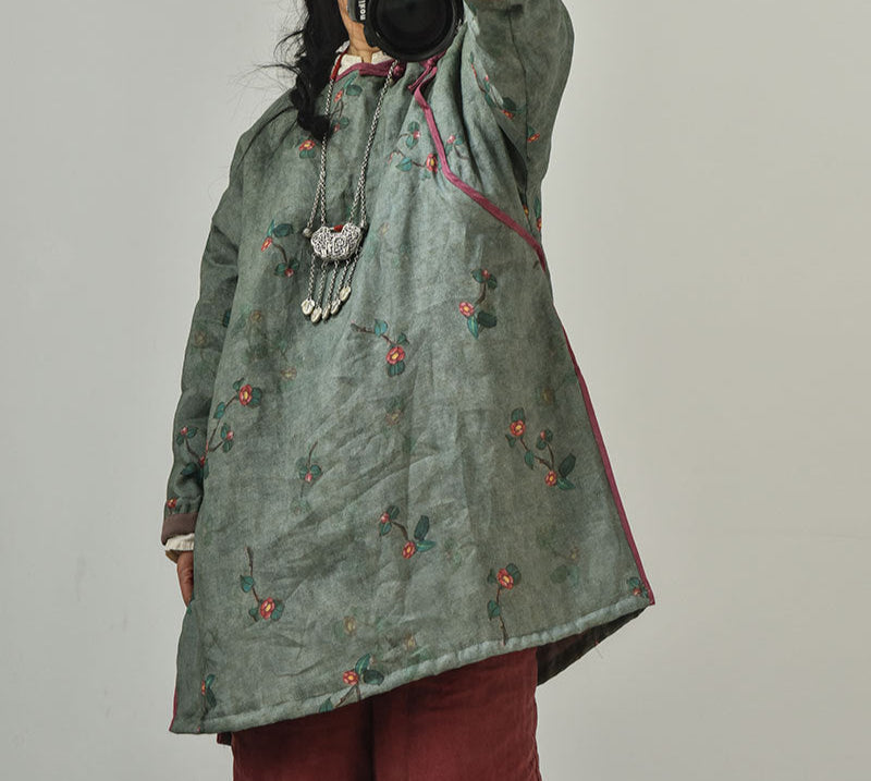 Women Vintage Printed Asymmetric Front Cotton Ramie Coat