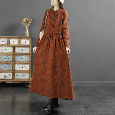 Women Autumn Vintage Buttoned Cotton Linen Printed Long Dress with Waist Tie