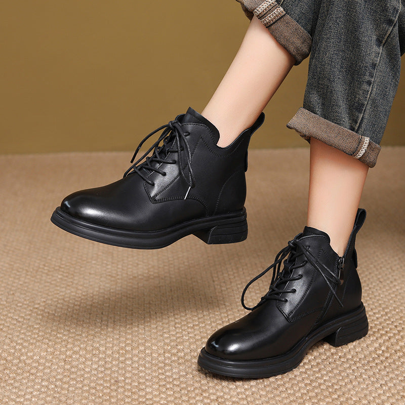 Women Retro Black Fleece Lining Leather Ankle Boots